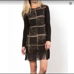 Willow & Clay Black Crochet and Suede Patchwork Black Dress w/Nude Slip Fringe M